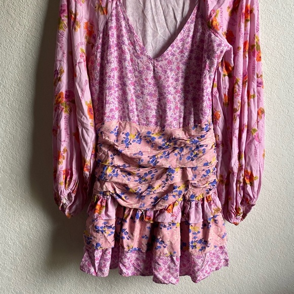 For Love Bell Long Sleeve Floral Dress Layered Ruffle V Neck Boho Cottage Mini S - Picture 5 of 15